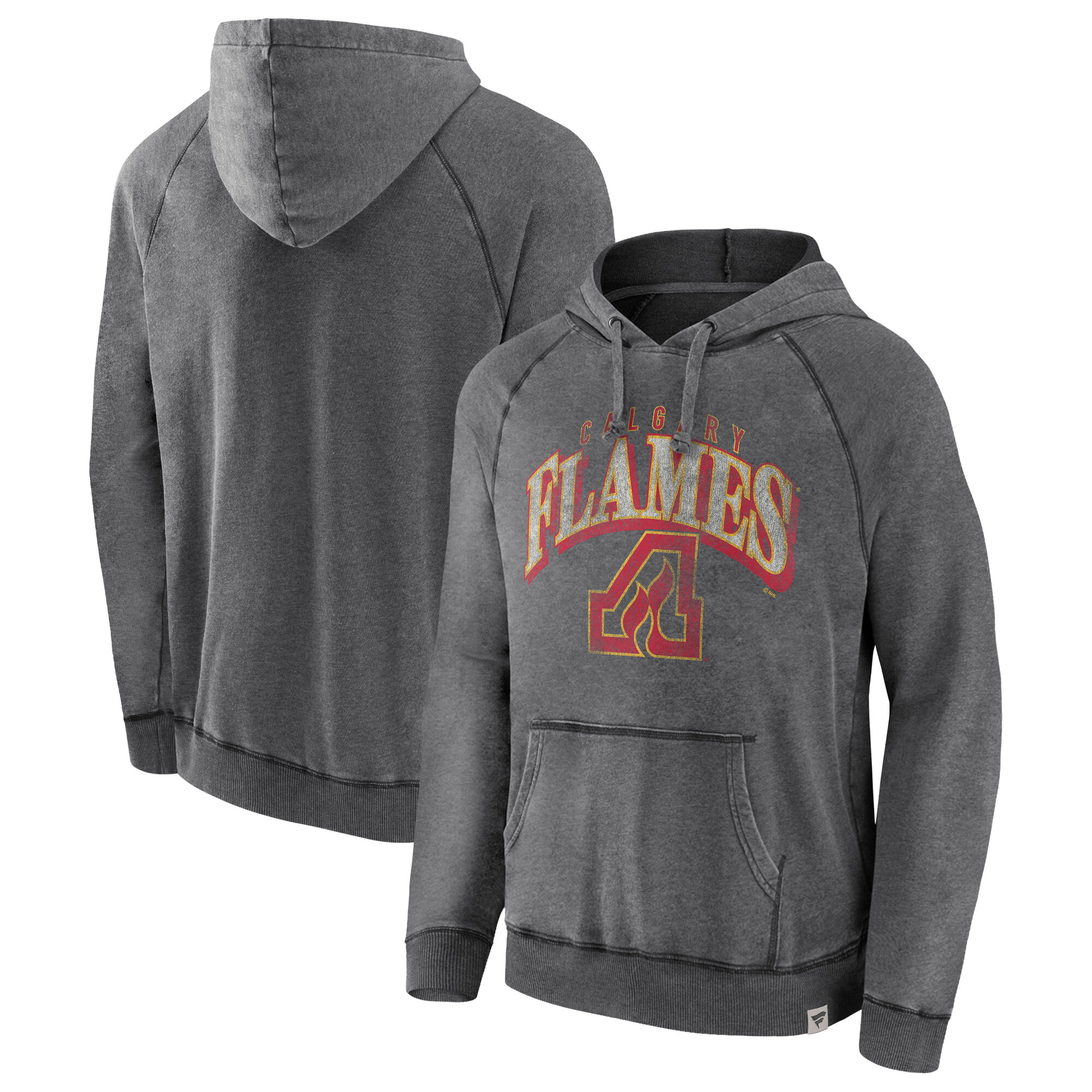 Men's-Fanatics Gray Calgary Flames True Classics Raglan Distressed Pullover Hoodie